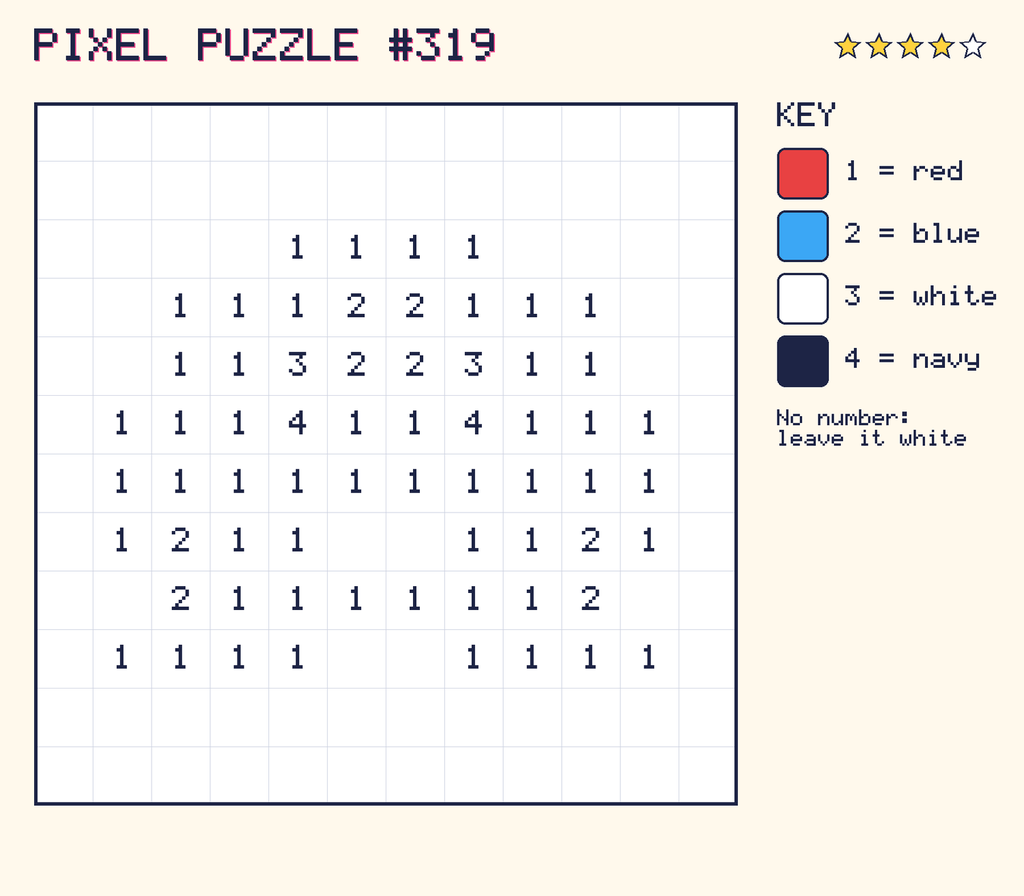 Pixel puzzle 319: a 12 by 12 number grid with a colour key.
