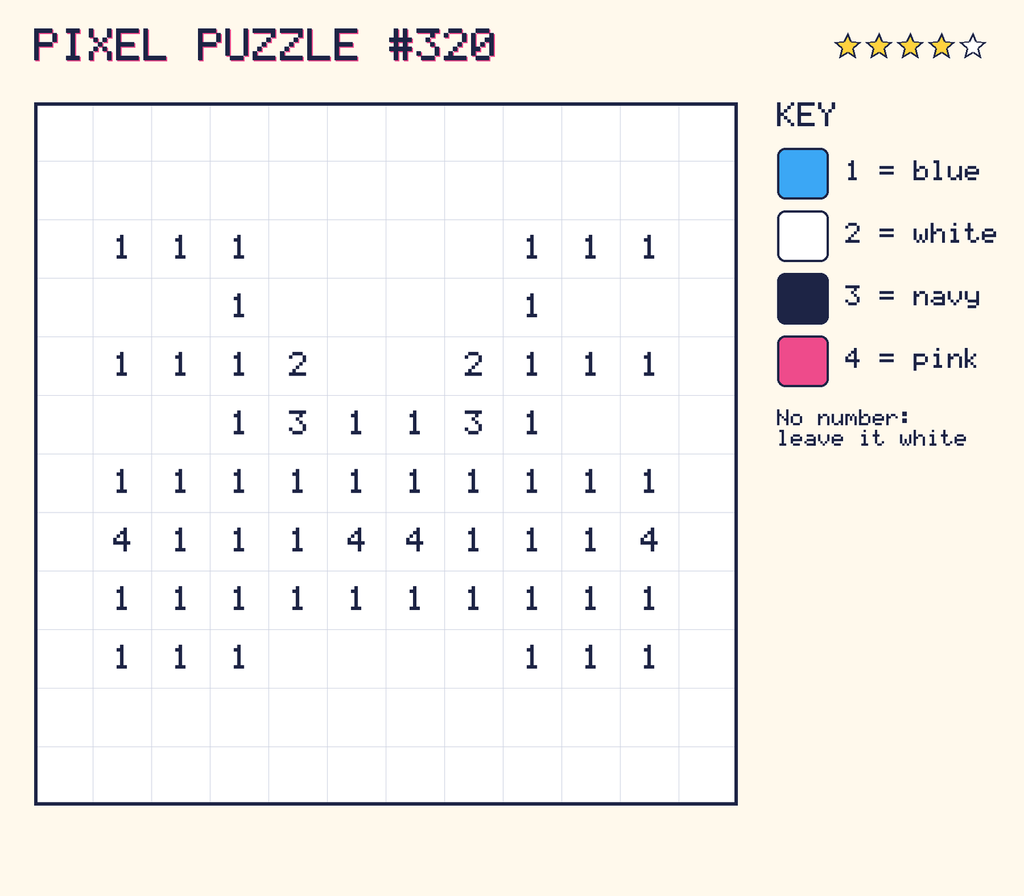 Pixel puzzle 320: a 12 by 12 number grid with a colour key.