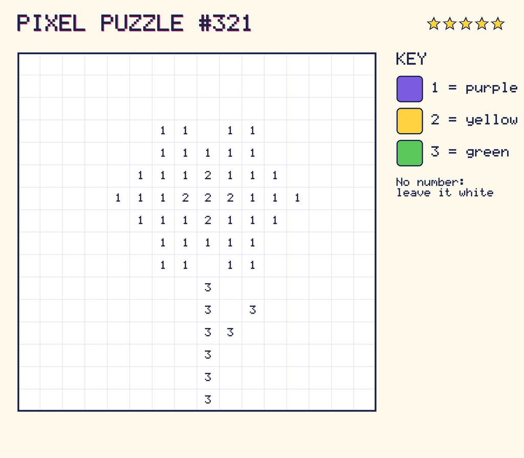 Pixel puzzle 321: a 16 by 16 number grid with a colour key.