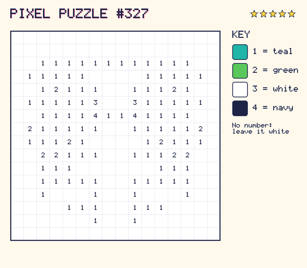 Pixel puzzle 327: a 16 by 16 number grid with a colour key.