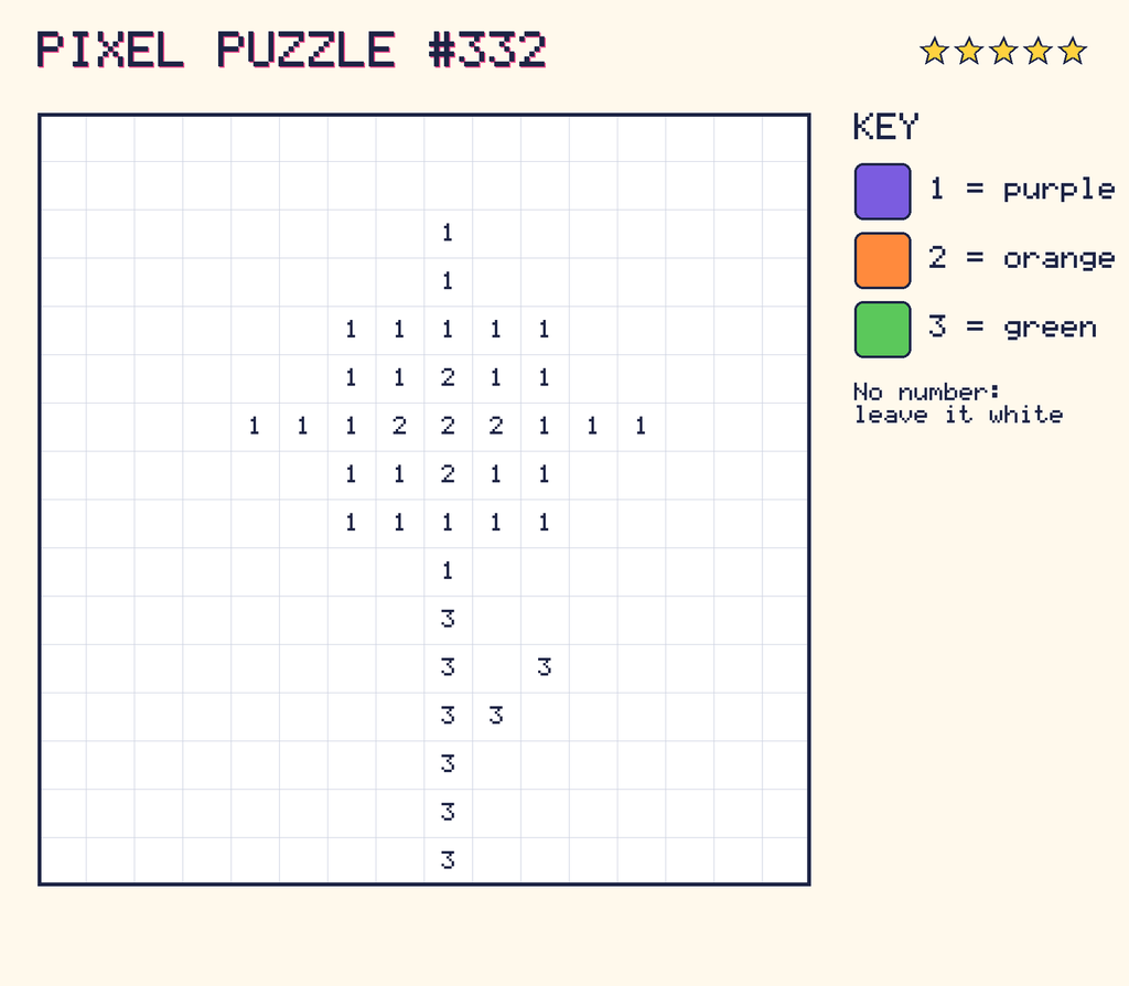 Pixel puzzle 332: a 16 by 16 number grid with a colour key.