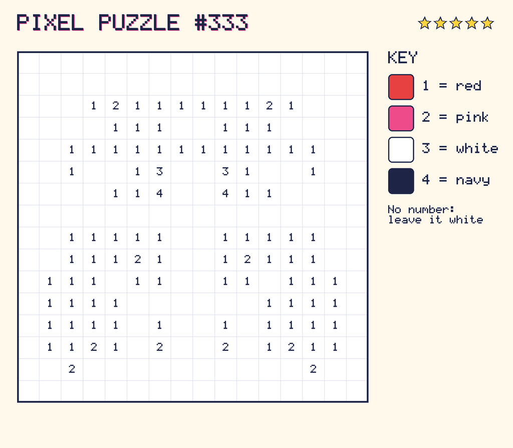 Pixel puzzle 333: a 16 by 16 number grid with a colour key.