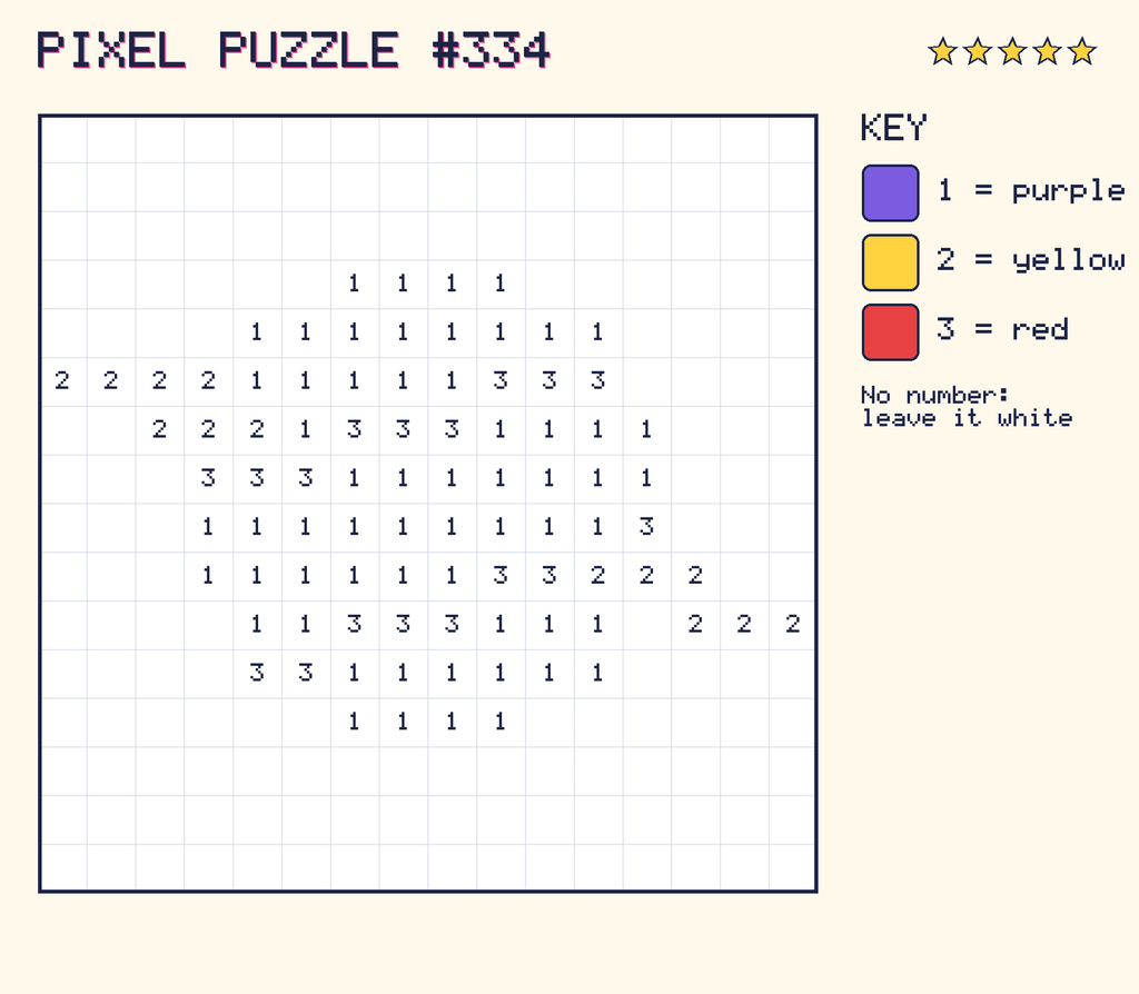Pixel puzzle 334: a 16 by 16 number grid with a colour key.