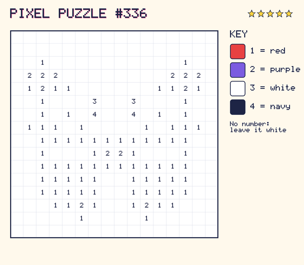 Pixel puzzle 336: a 16 by 16 number grid with a colour key.