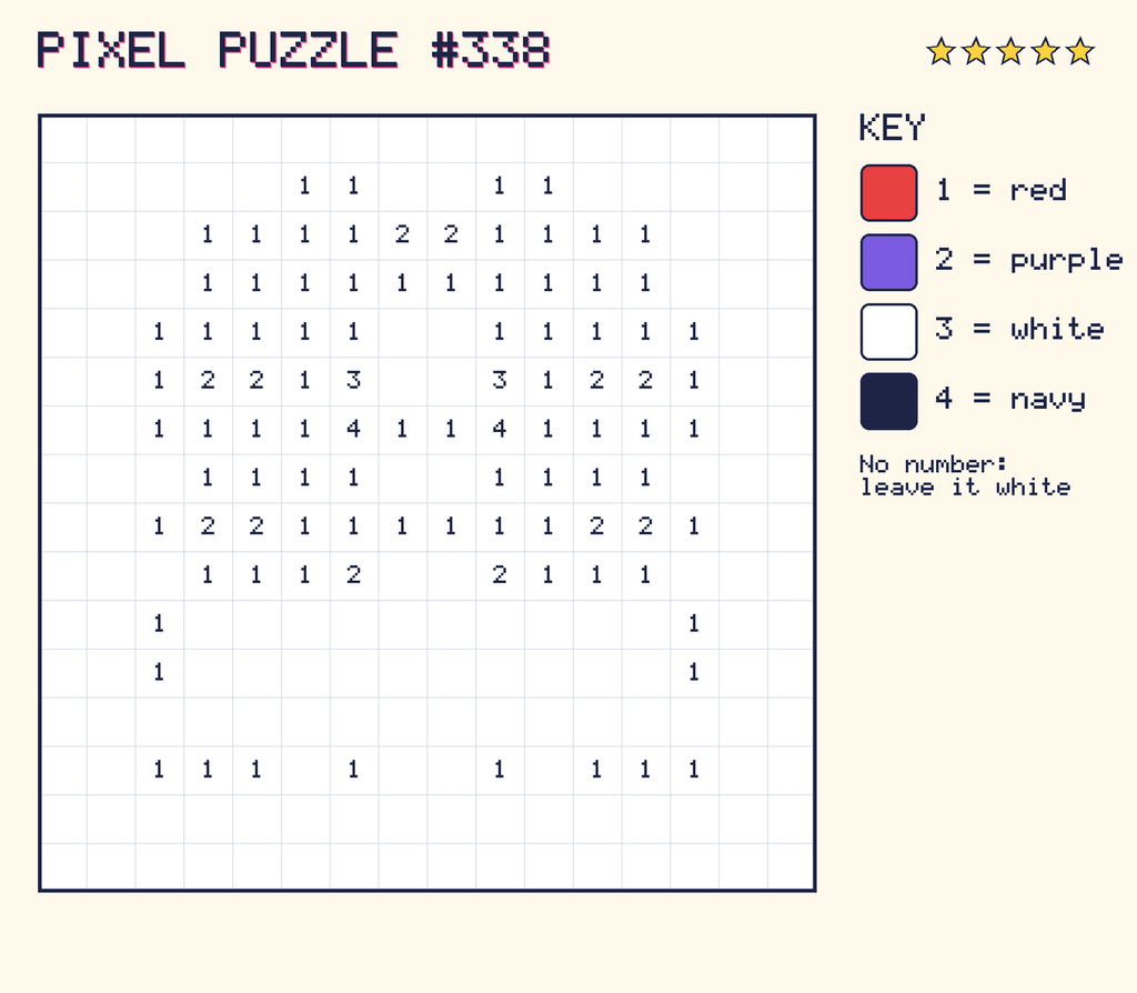 Pixel puzzle 338: a 16 by 16 number grid with a colour key.