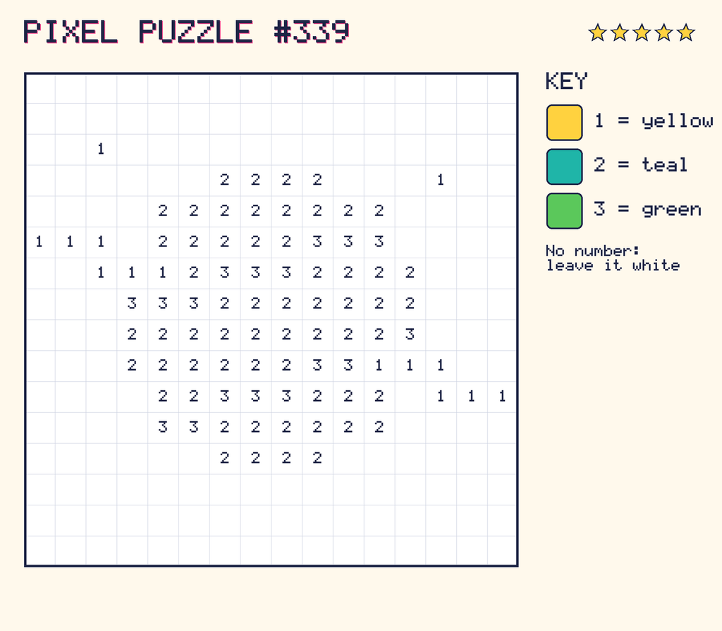 Pixel puzzle 339: a 16 by 16 number grid with a colour key.