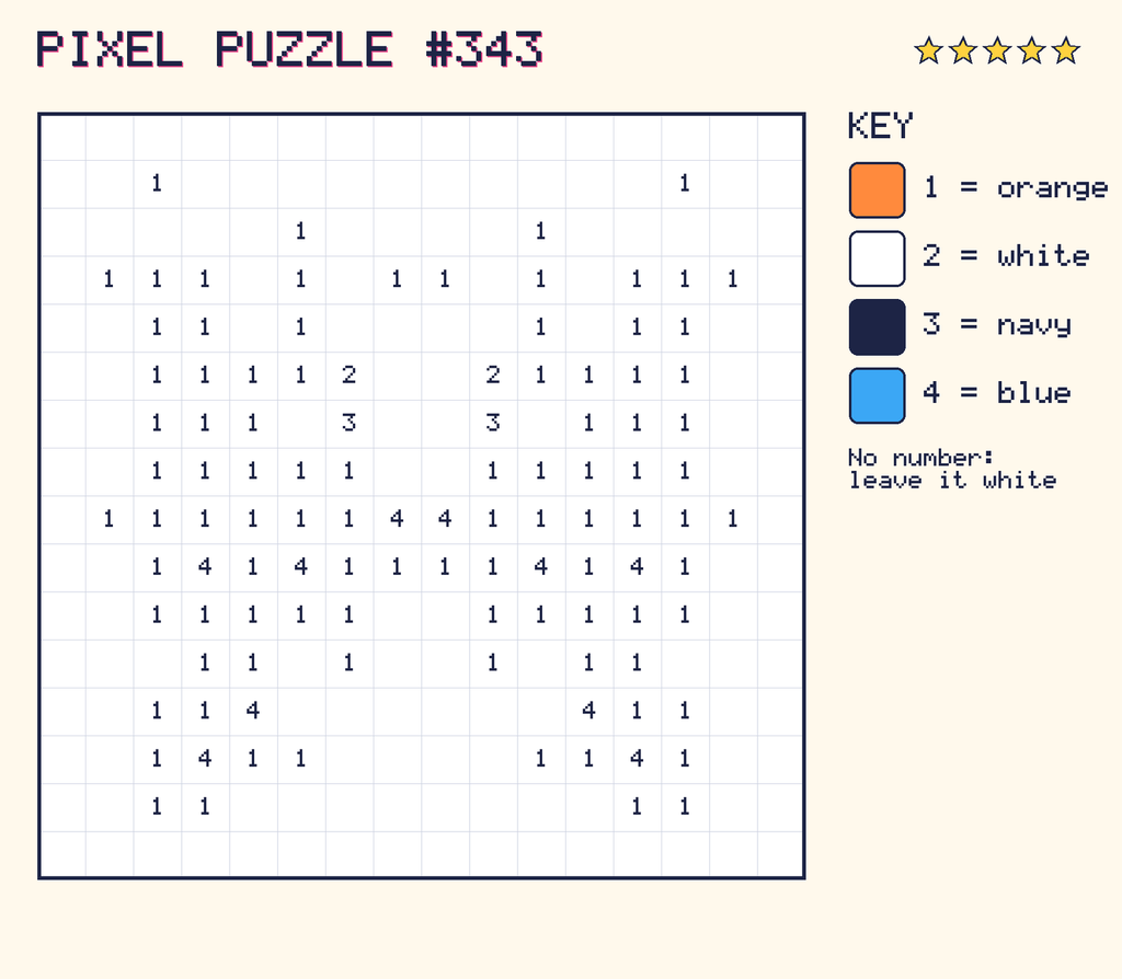 Pixel puzzle 343: a 16 by 16 number grid with a colour key.