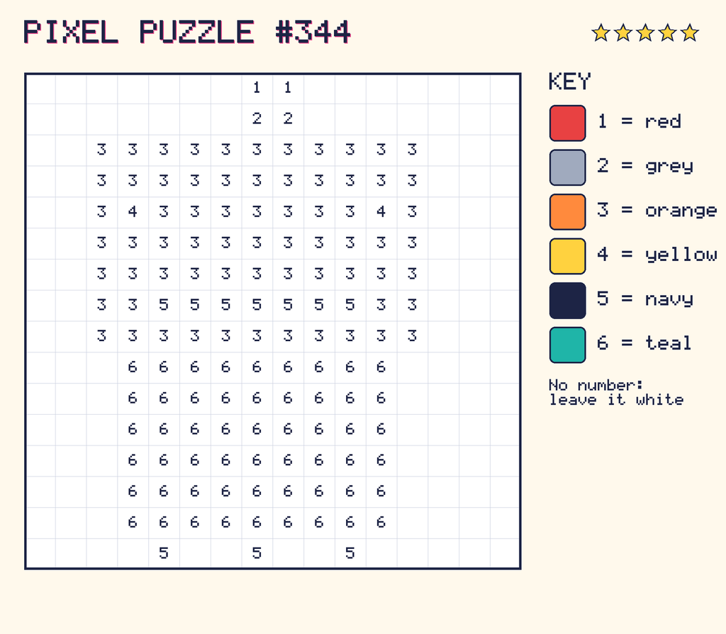 Pixel puzzle 344: a 16 by 16 number grid with a colour key.