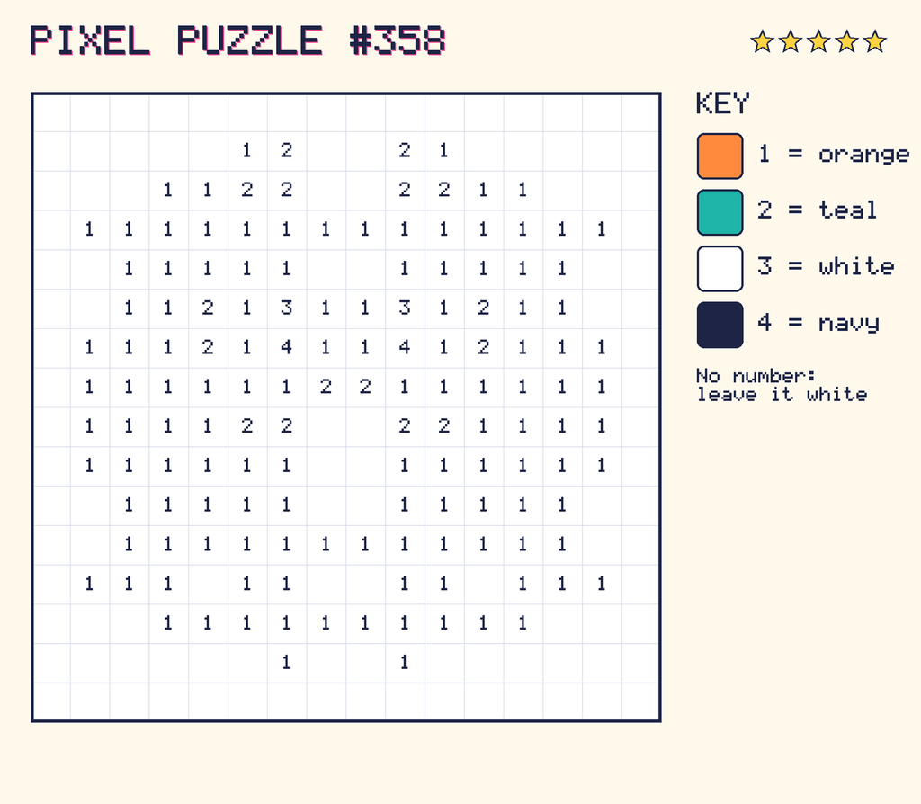 Pixel puzzle 358: a 16 by 16 number grid with a colour key.