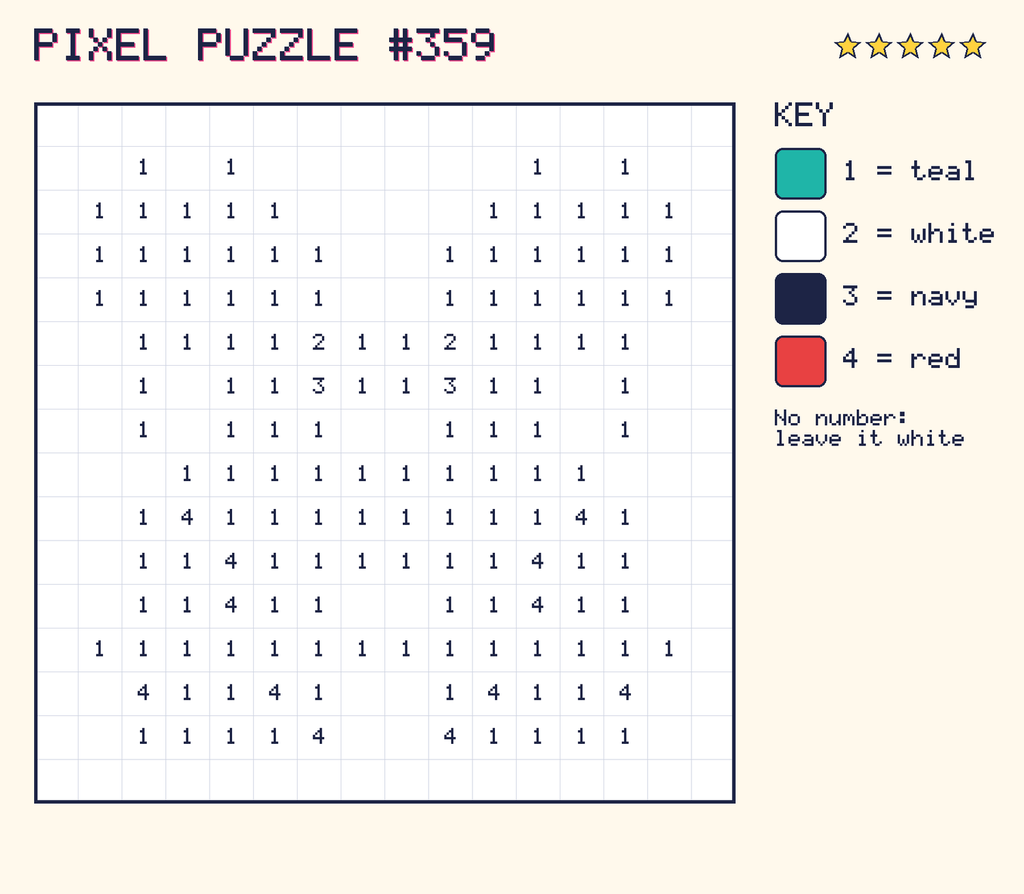Pixel puzzle 359: a 16 by 16 number grid with a colour key.
