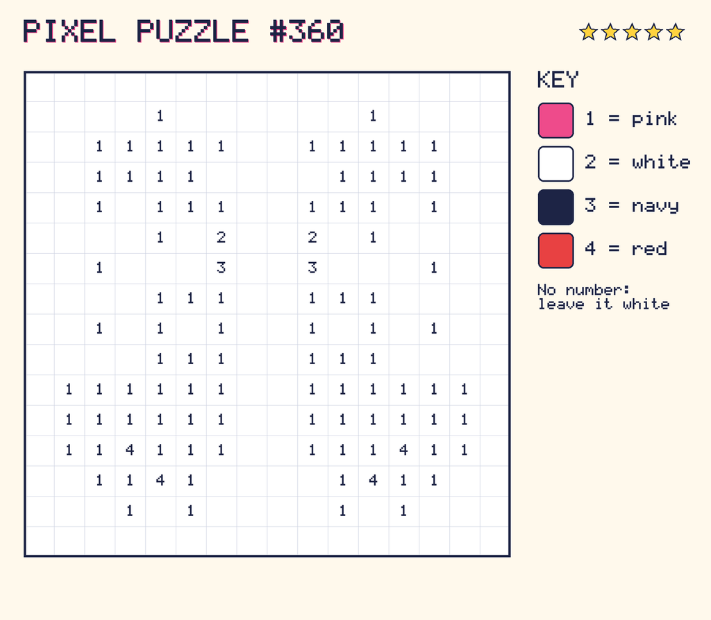 Pixel puzzle 360: a 16 by 16 number grid with a colour key.