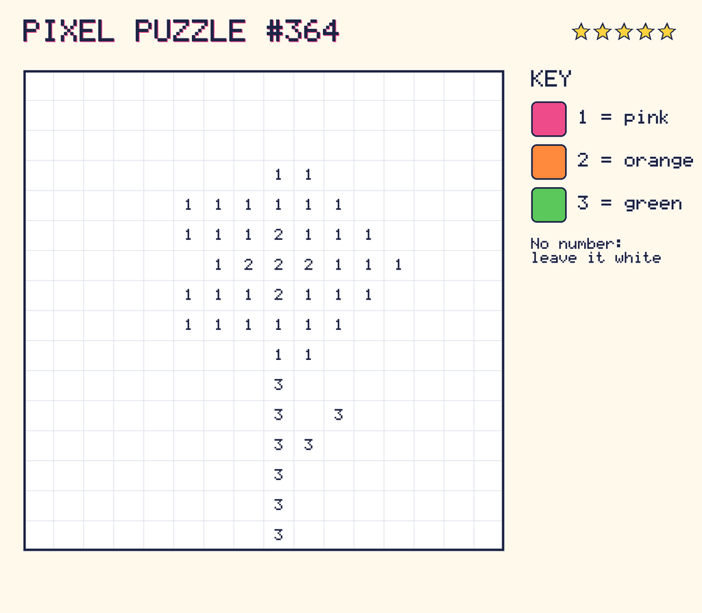 Pixel puzzle 364: a 16 by 16 number grid with a colour key.