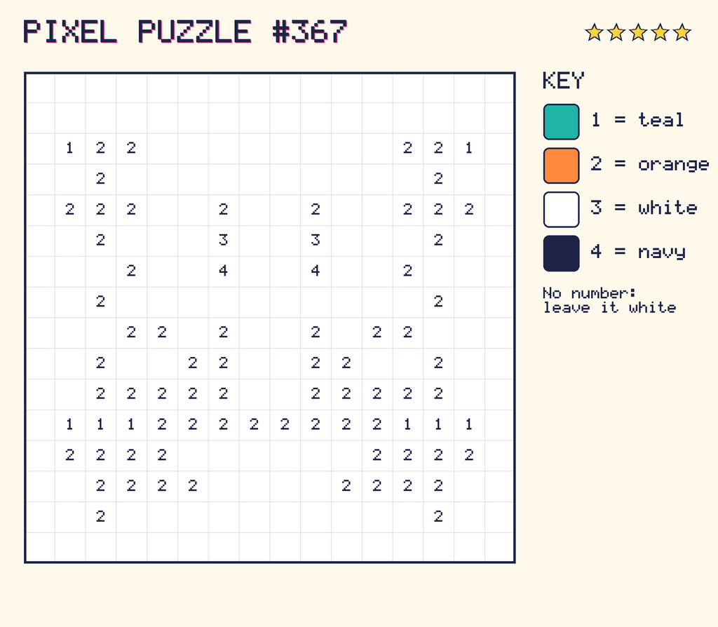 Pixel puzzle 367: a 16 by 16 number grid with a colour key.