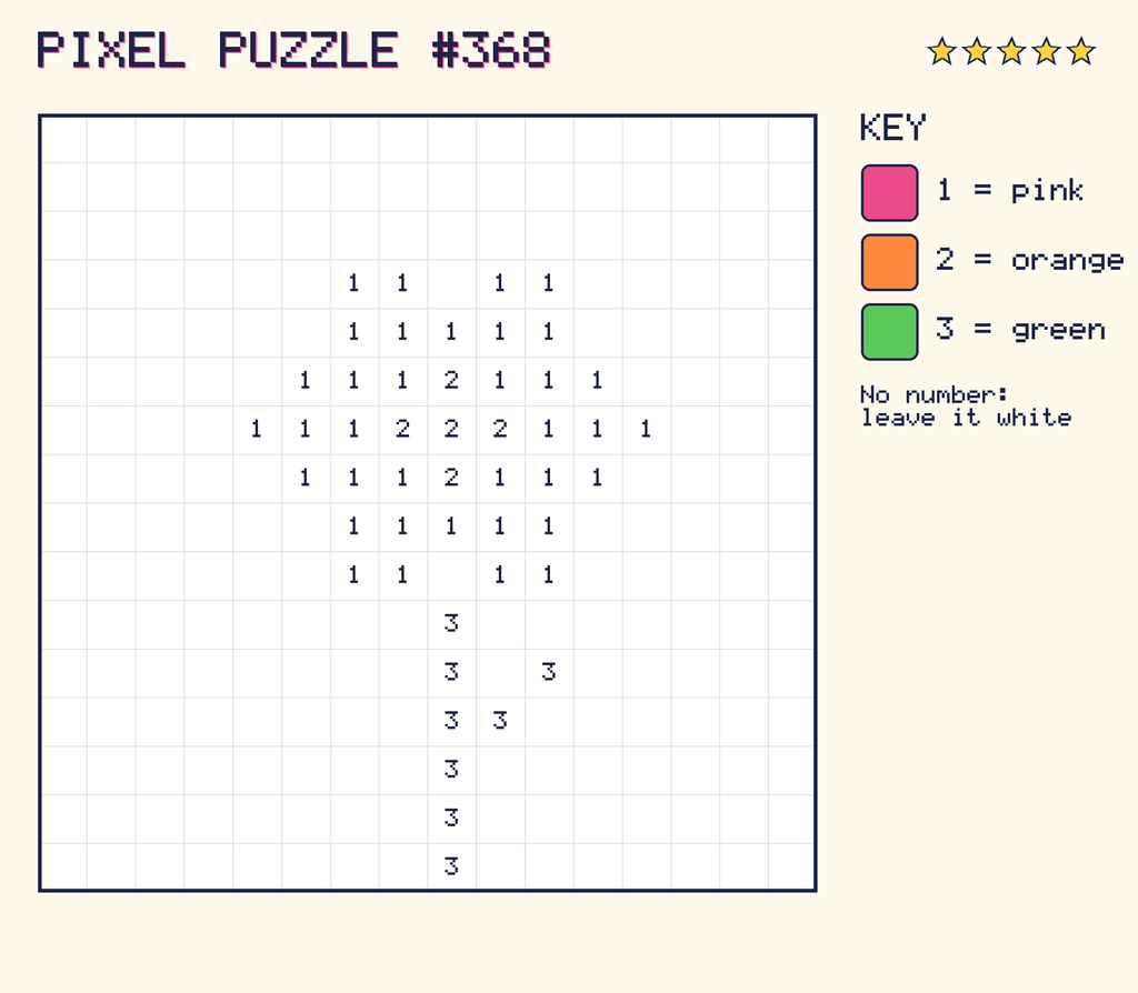 Pixel puzzle 368: a 16 by 16 number grid with a colour key.