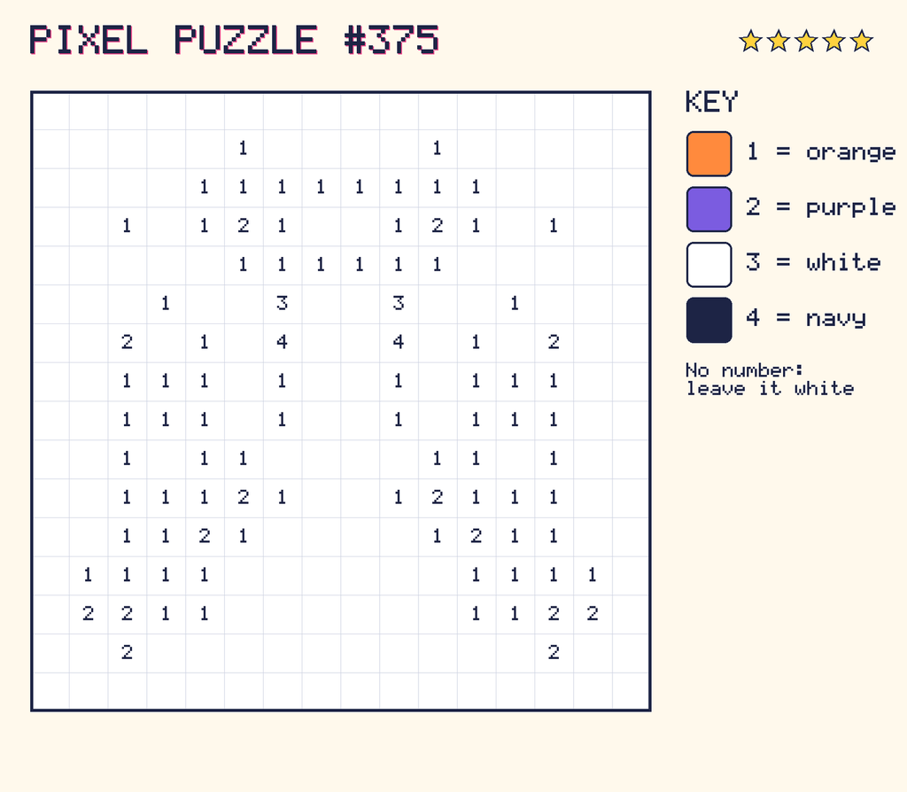 Pixel puzzle 375: a 16 by 16 number grid with a colour key.