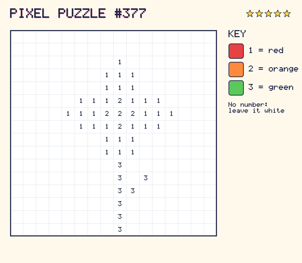 Pixel puzzle 377: a 16 by 16 number grid with a colour key.