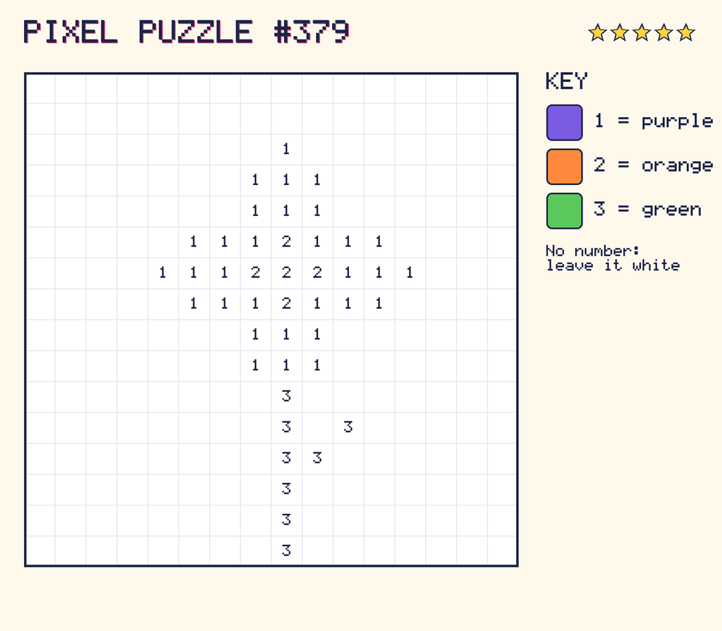 Pixel puzzle 379: a 16 by 16 number grid with a colour key.