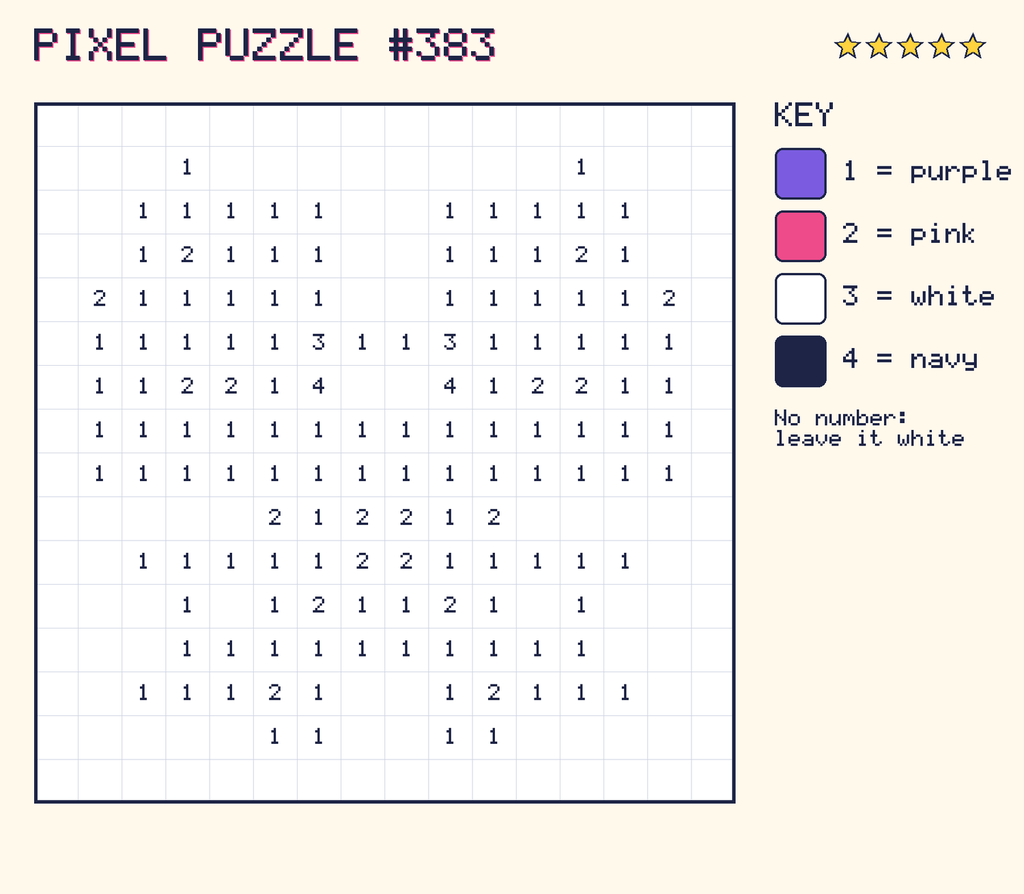 Pixel puzzle 383: a 16 by 16 number grid with a colour key.