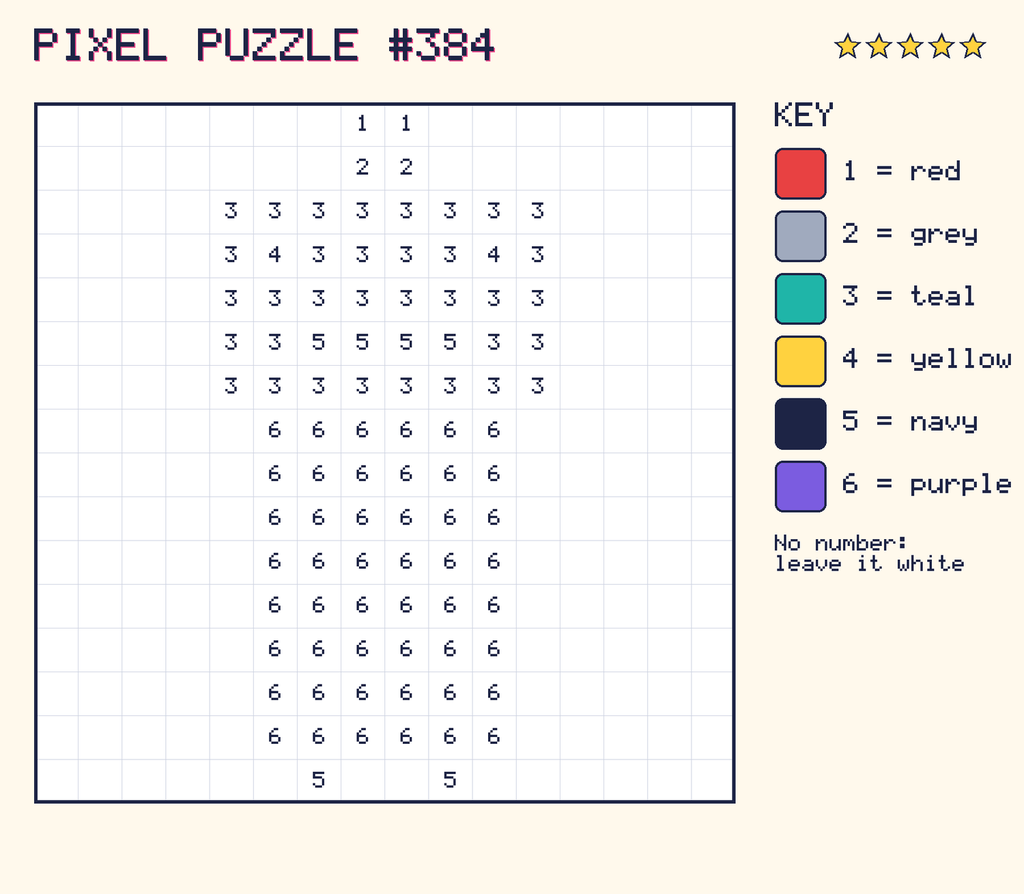 Pixel puzzle 384: a 16 by 16 number grid with a colour key.
