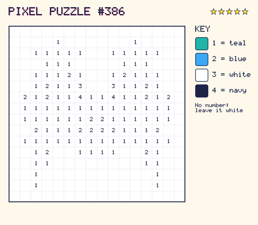 Pixel puzzle 386: a 16 by 16 number grid with a colour key.