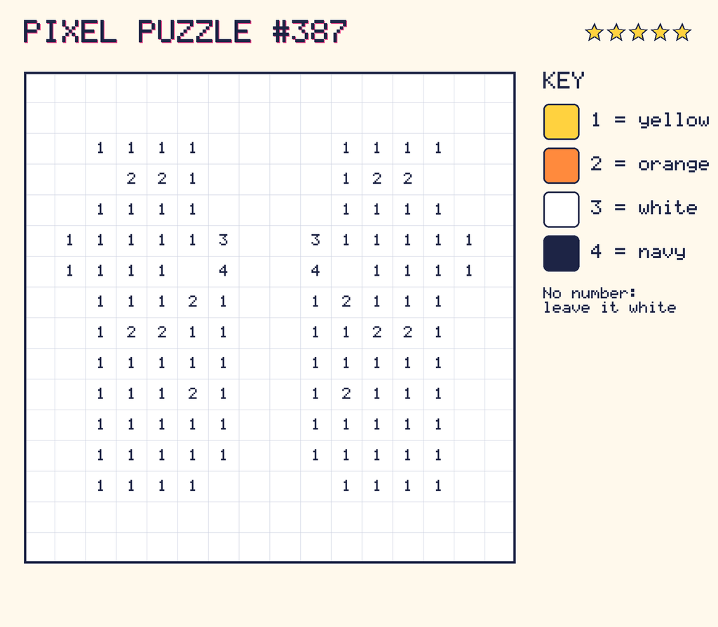 Pixel puzzle 387: a 16 by 16 number grid with a colour key.