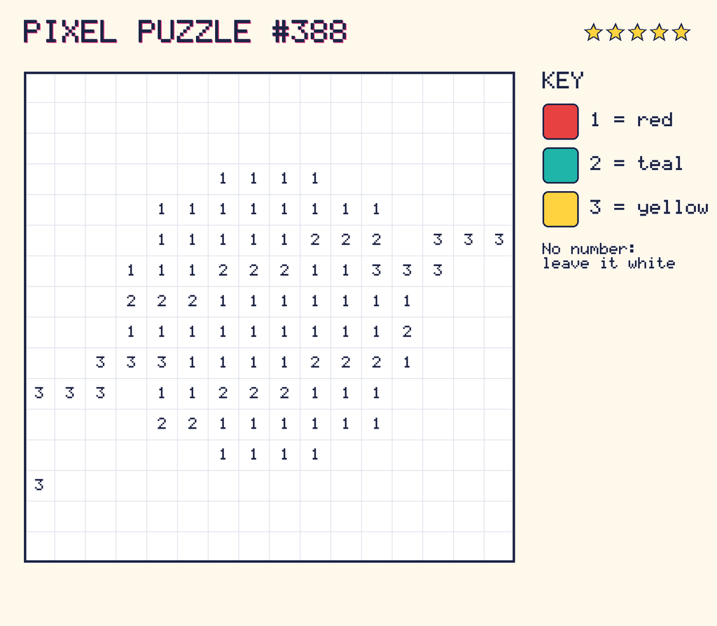 Pixel puzzle 388: a 16 by 16 number grid with a colour key.