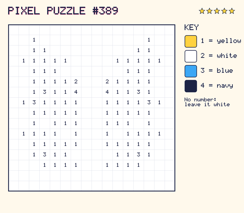 Pixel puzzle 389: a 16 by 16 number grid with a colour key.