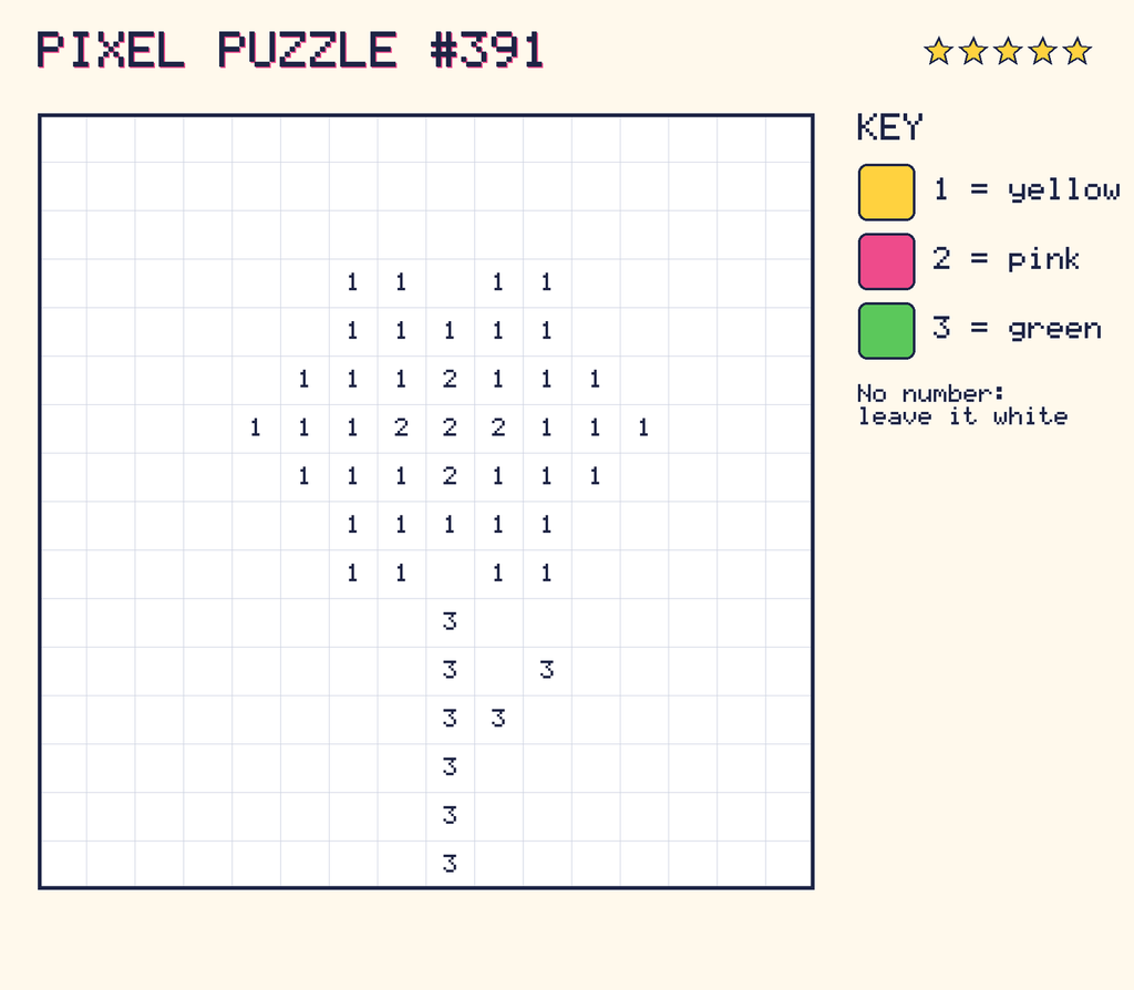 Pixel puzzle 391: a 16 by 16 number grid with a colour key.