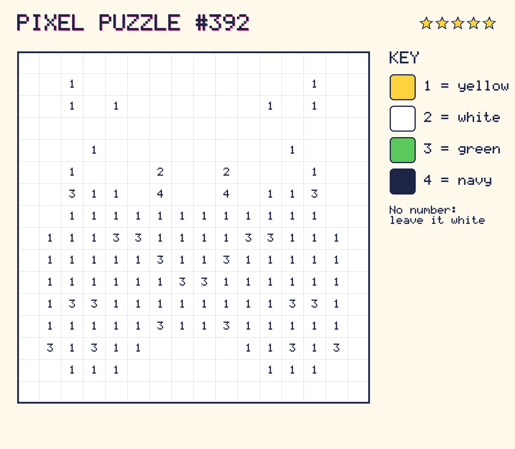 Pixel puzzle 392: a 16 by 16 number grid with a colour key.