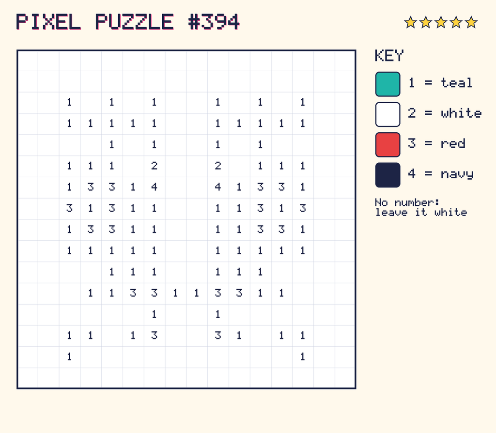 Pixel puzzle 394: a 16 by 16 number grid with a colour key.