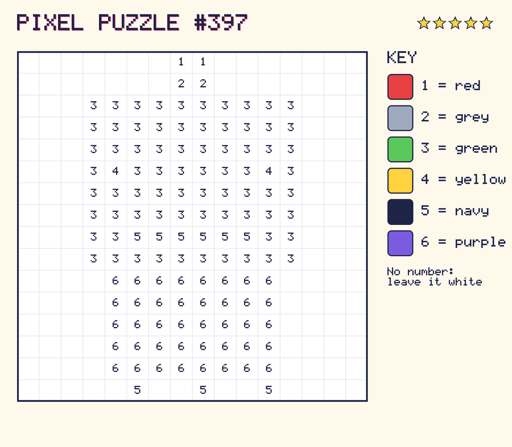 Pixel puzzle 397: a 16 by 16 number grid with a colour key.