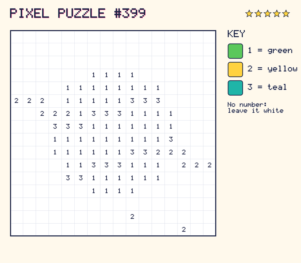 Pixel puzzle 399: a 16 by 16 number grid with a colour key.