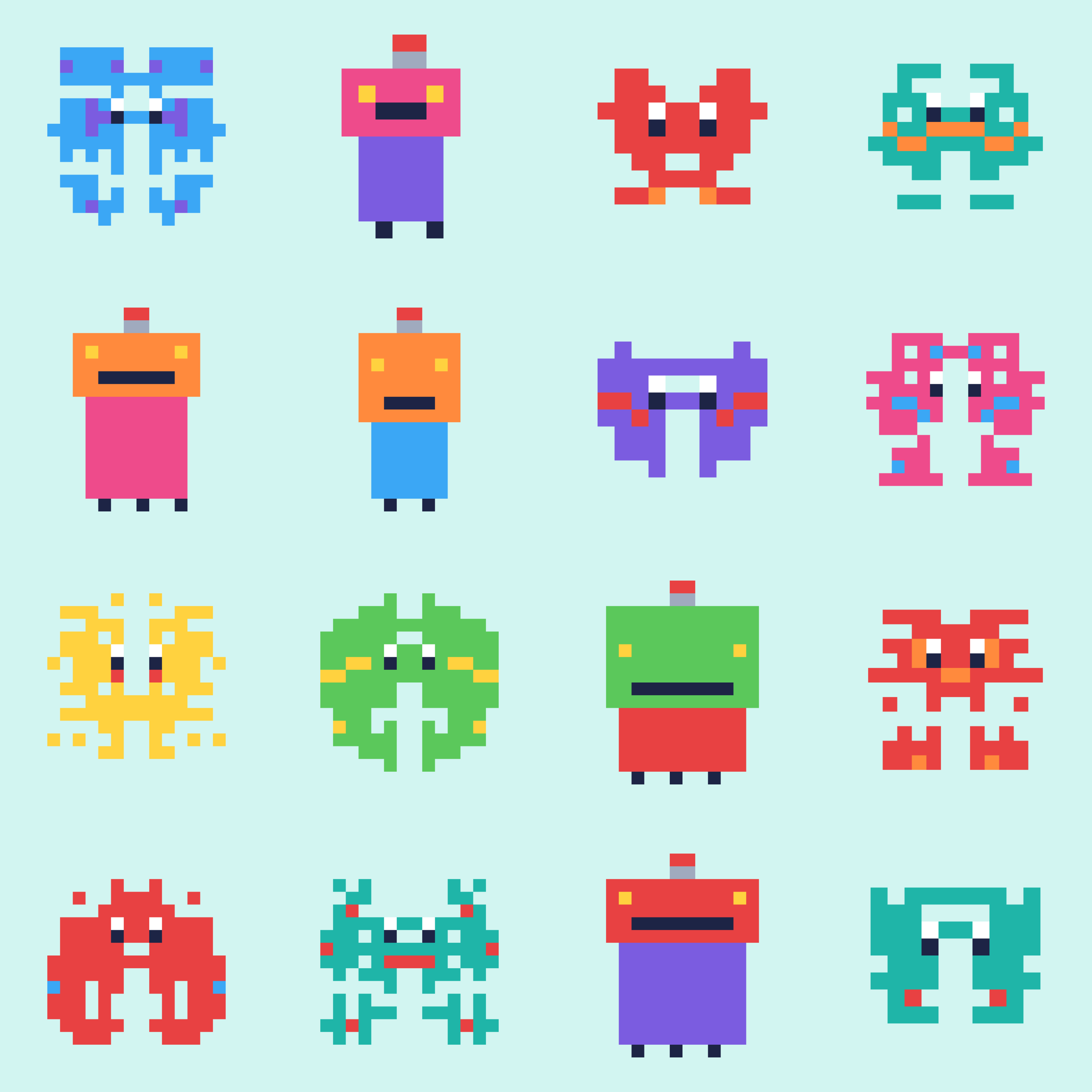 A poster of 16 little pixel-art creatures and robots
