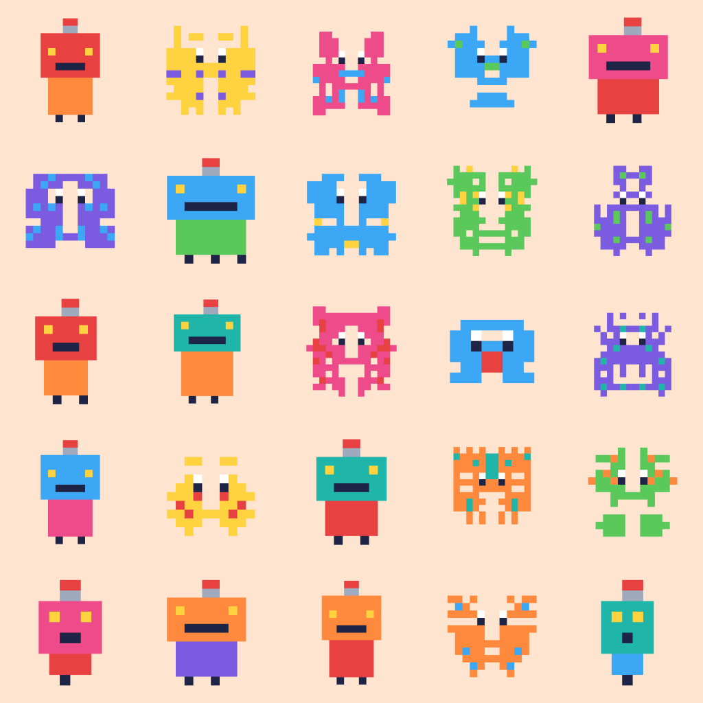 A poster of 25 little pixel-art creatures and robots