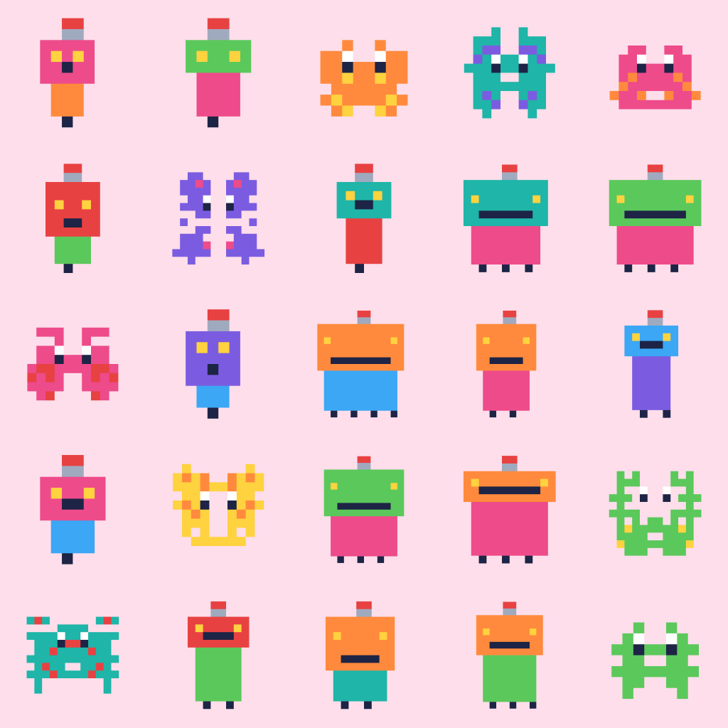 A poster of 25 little pixel-art creatures and robots