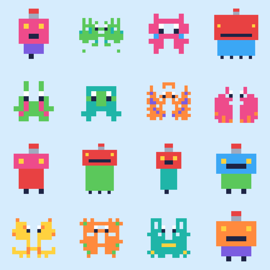 A poster of 16 little pixel-art creatures and robots