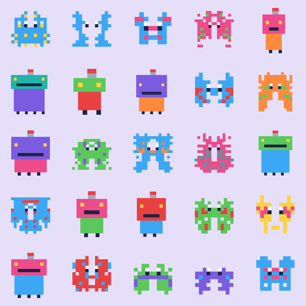 A poster of 25 little pixel-art creatures and robots