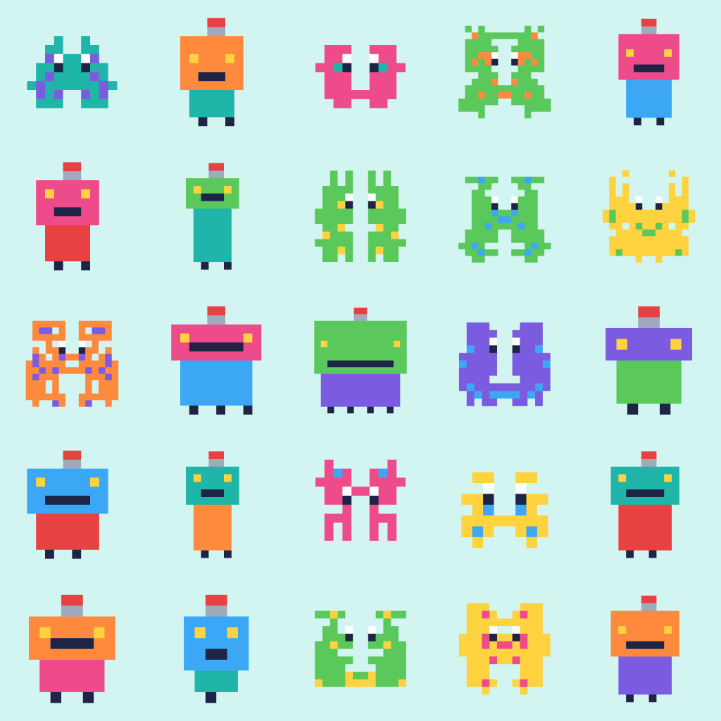 A poster of 25 little pixel-art creatures and robots