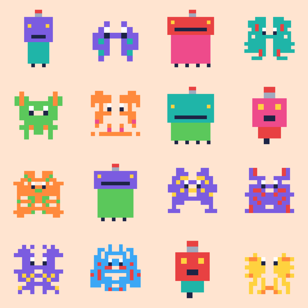 A poster of 16 little pixel-art creatures and robots