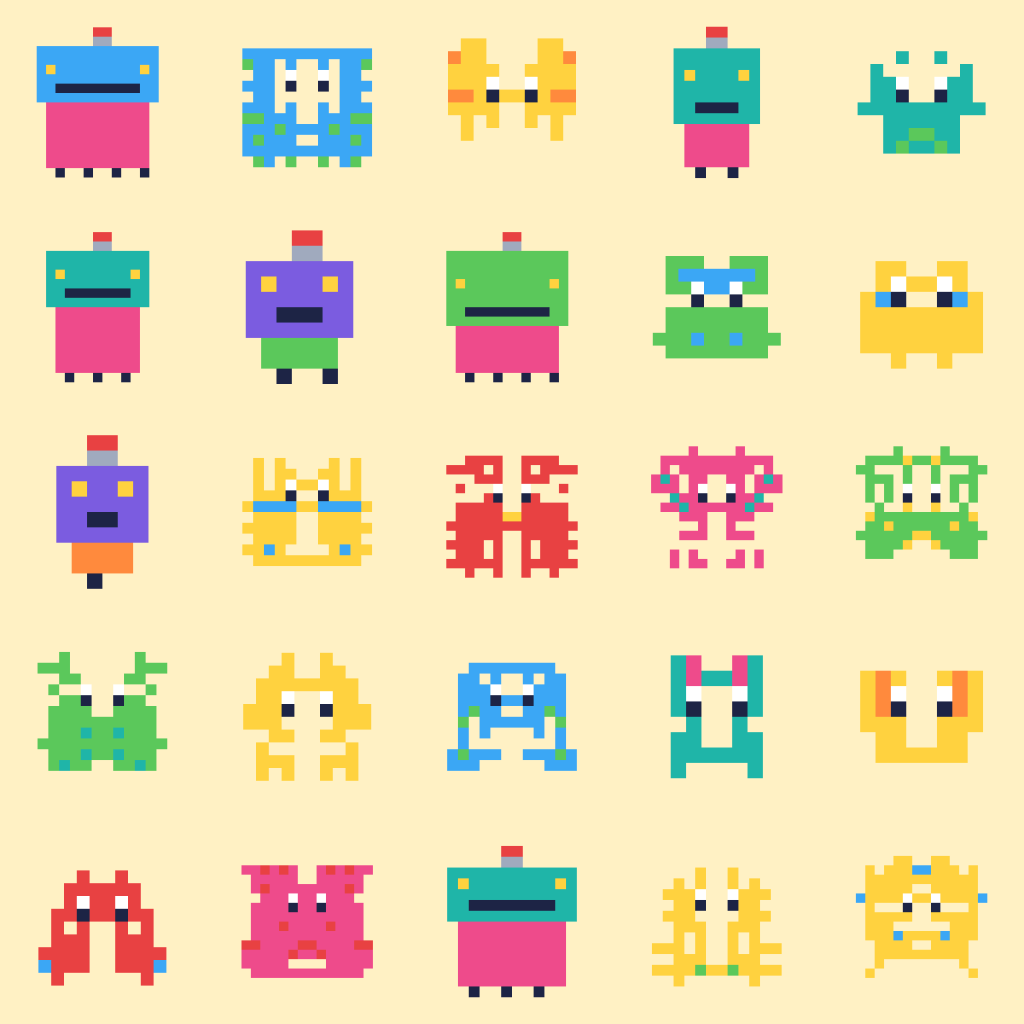 A poster of 25 little pixel-art creatures and robots