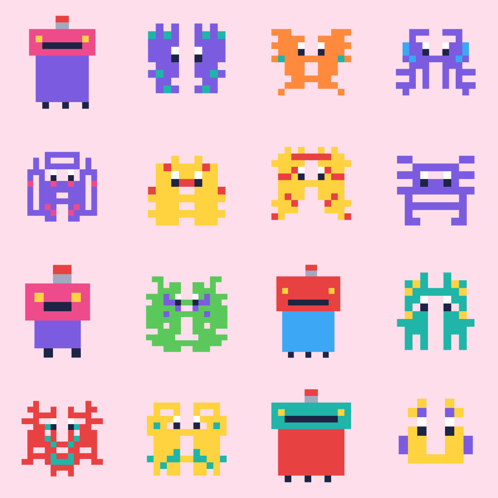 A poster of 16 little pixel-art creatures and robots