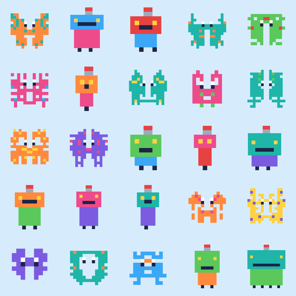 A poster of 25 little pixel-art creatures and robots