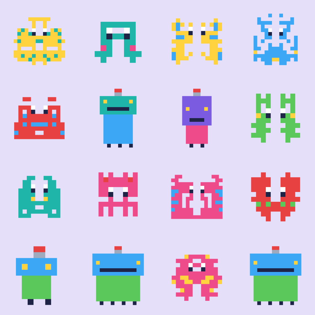 A poster of 16 little pixel-art creatures and robots