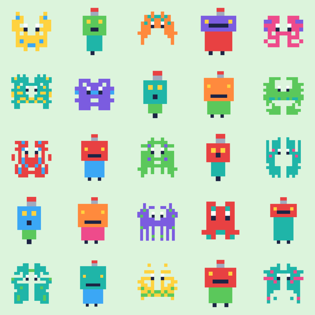 A poster of 25 little pixel-art creatures and robots