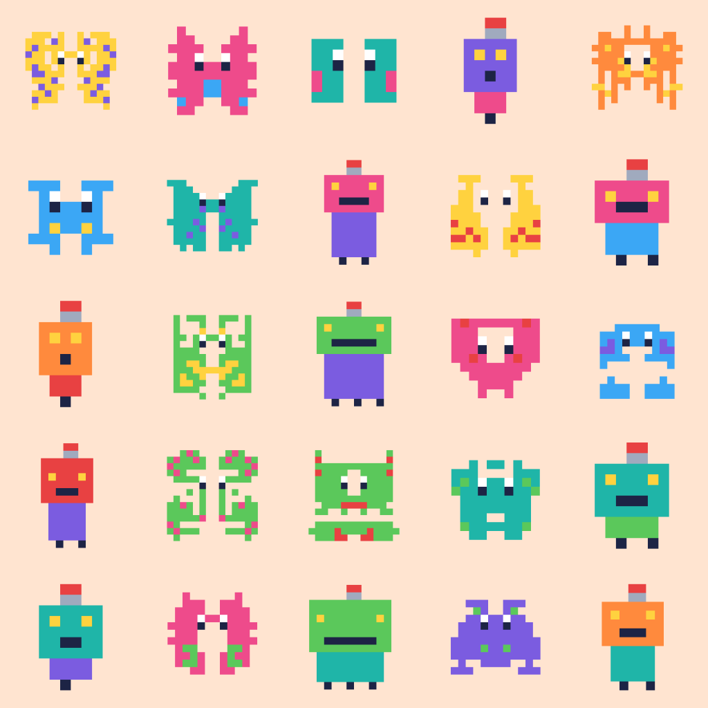 A poster of 25 little pixel-art creatures and robots