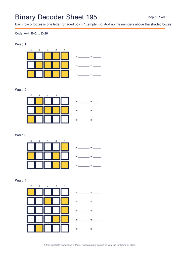Preview of Binary Decoder Sheet 195 (A=1 code)