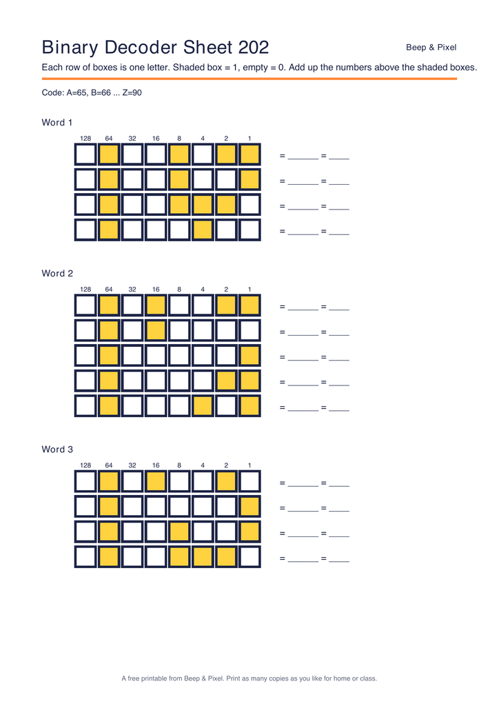Preview of Binary Decoder Sheet 202 (ASCII code)