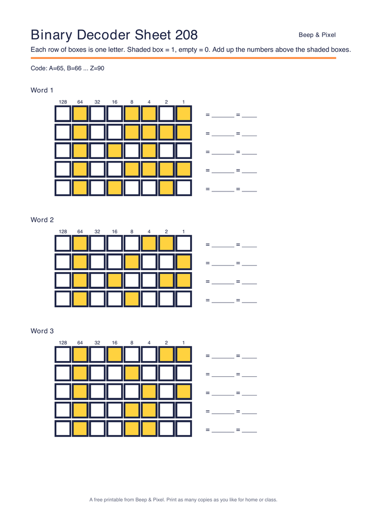 Preview of Binary Decoder Sheet 208 (ASCII code)