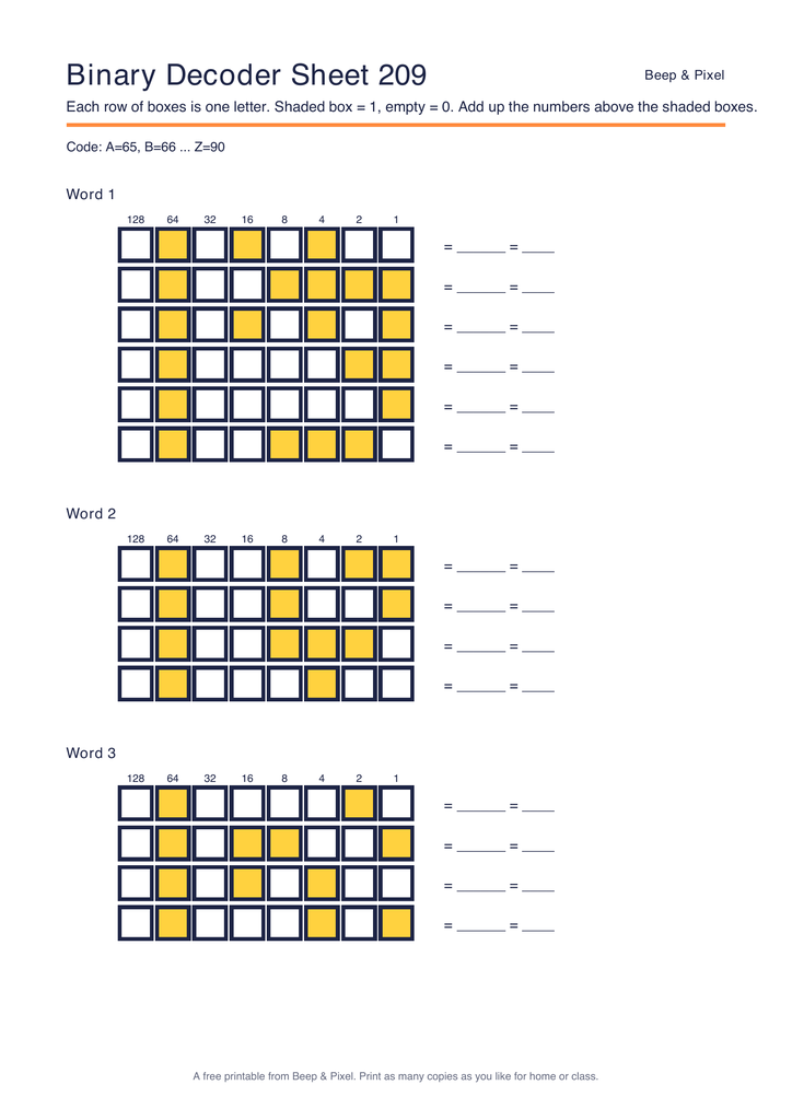 Preview of Binary Decoder Sheet 209 (ASCII code)