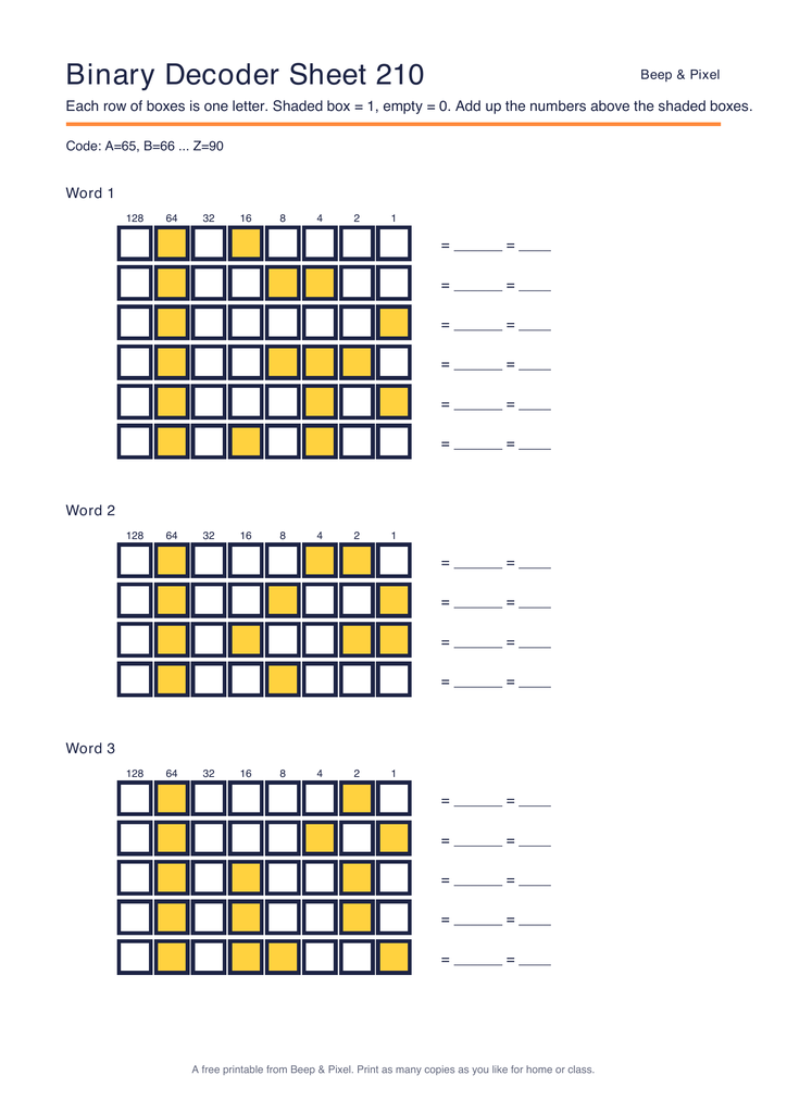 Preview of Binary Decoder Sheet 210 (ASCII code)